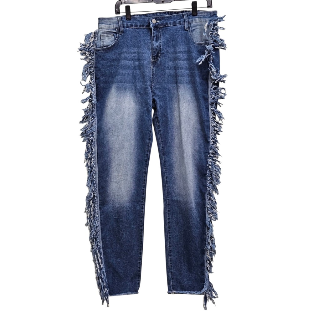 Road Markings Fringe Jeans XXXL Blue Side Tassel Distressed Boho Denim Festival